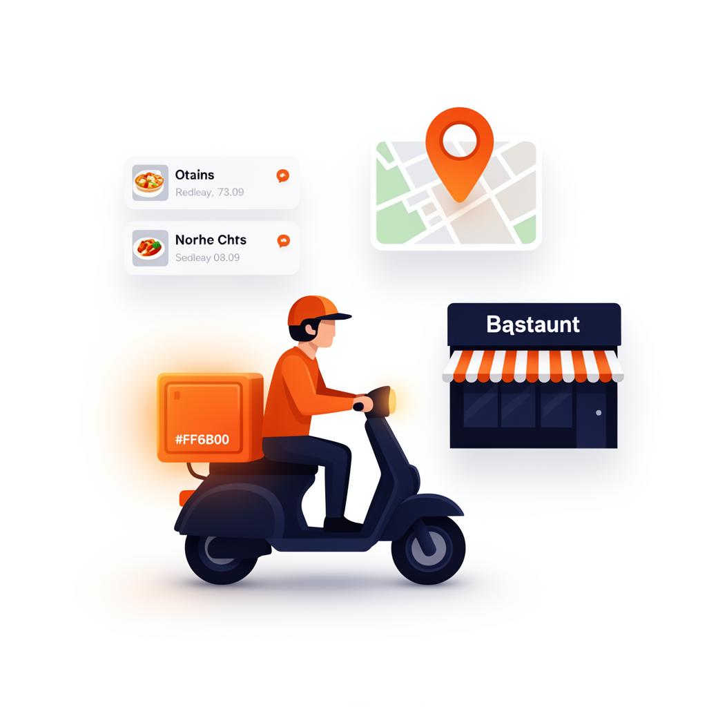 Ilustração de entregador e plataforma de delivery 016Eats